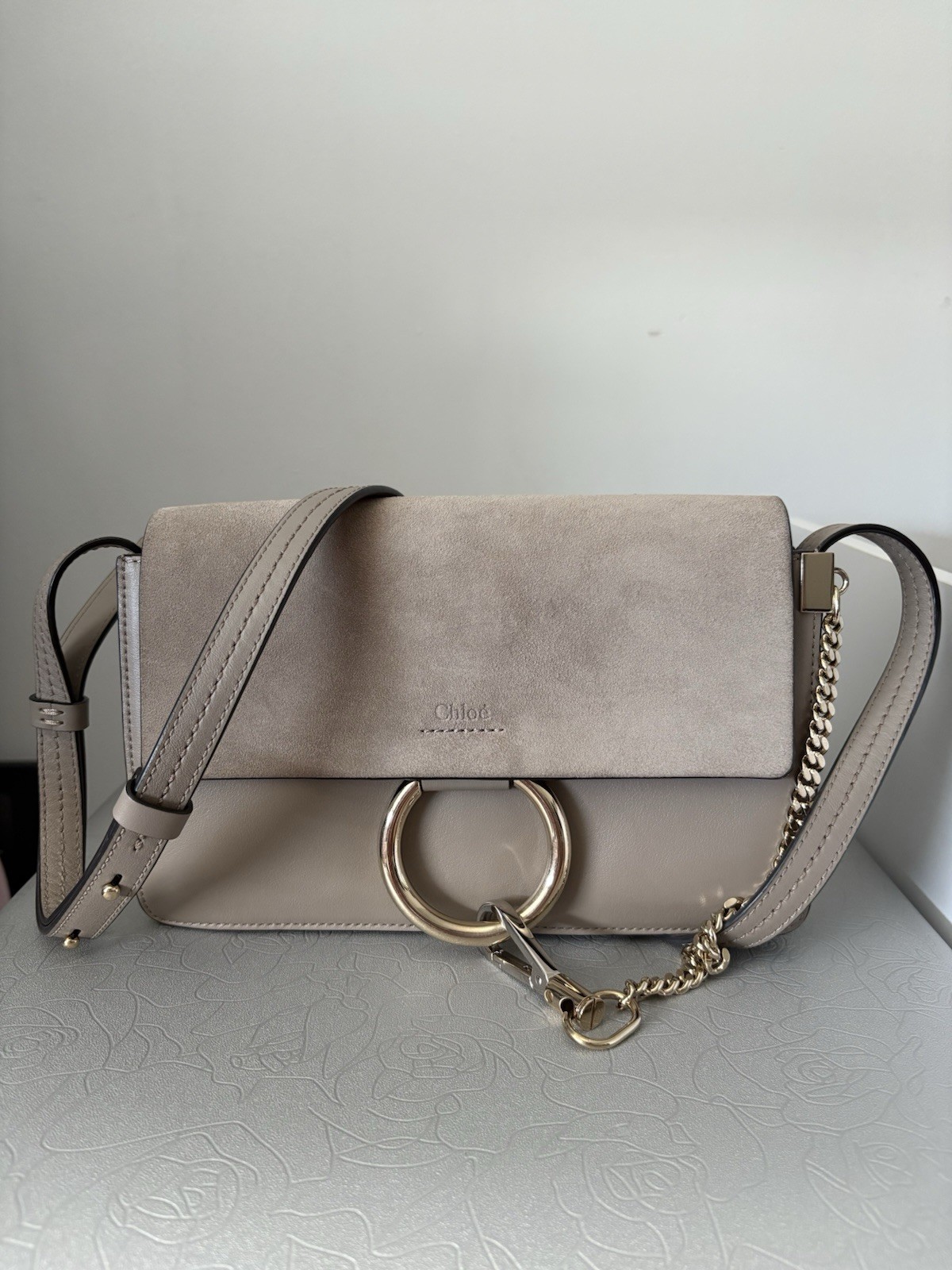 Chloé Beige Crossbody Bag, Gold Hardware, Ring Chain, Magnetic, Detachable Strap