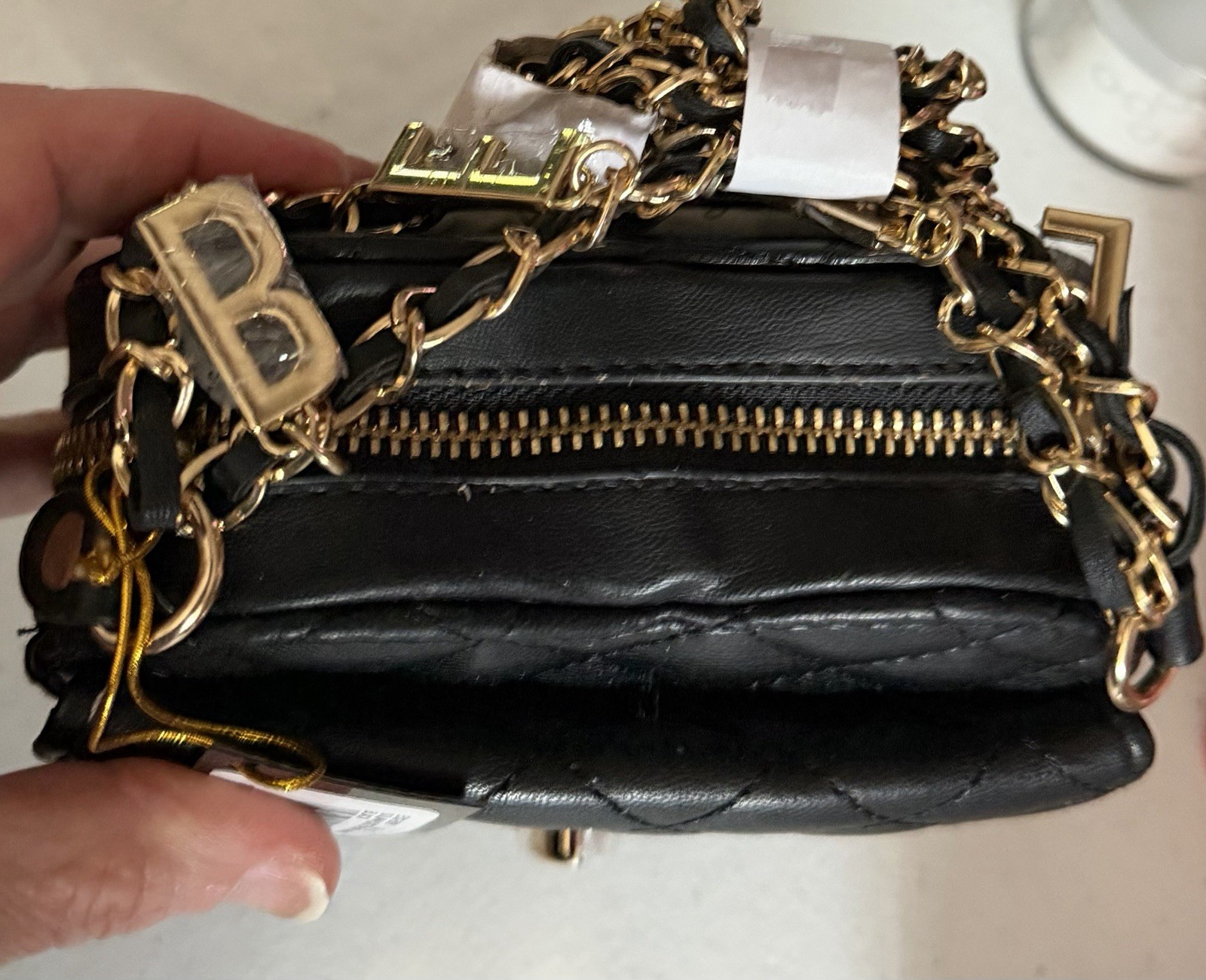 Bebe Black Heart-Shaped Crossbody Bag Gold Chain Strap Zip, Detachable Strap