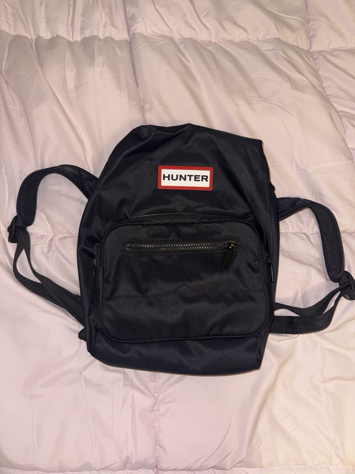 Hunter Black Small Backpack Zip Closure Front Pocket Top Handle Logo Patch