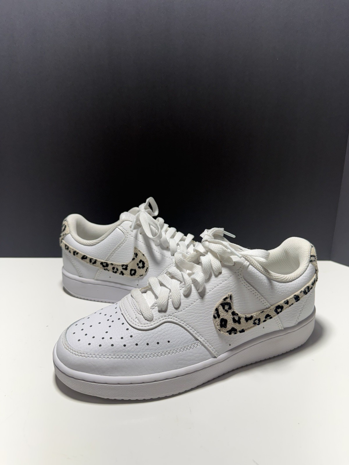Size 7.5- Nike Court Vision Low Leopard Swoosh – White
