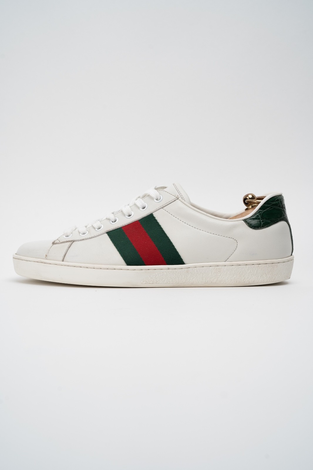 Gucci Ace Men’s White Leather Sneakers Green Red Web Stripe 386750 Size 8