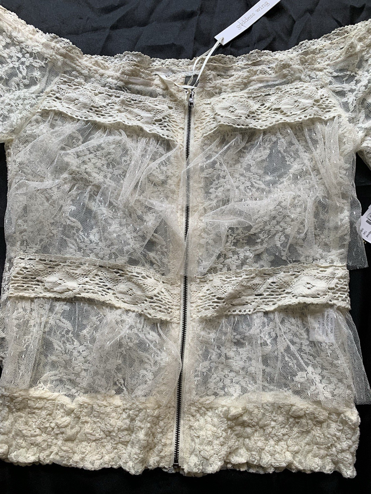 Goddess Wing ☀️ Blouse Top Women Woman Size Large Lace Off White Beige Zipper