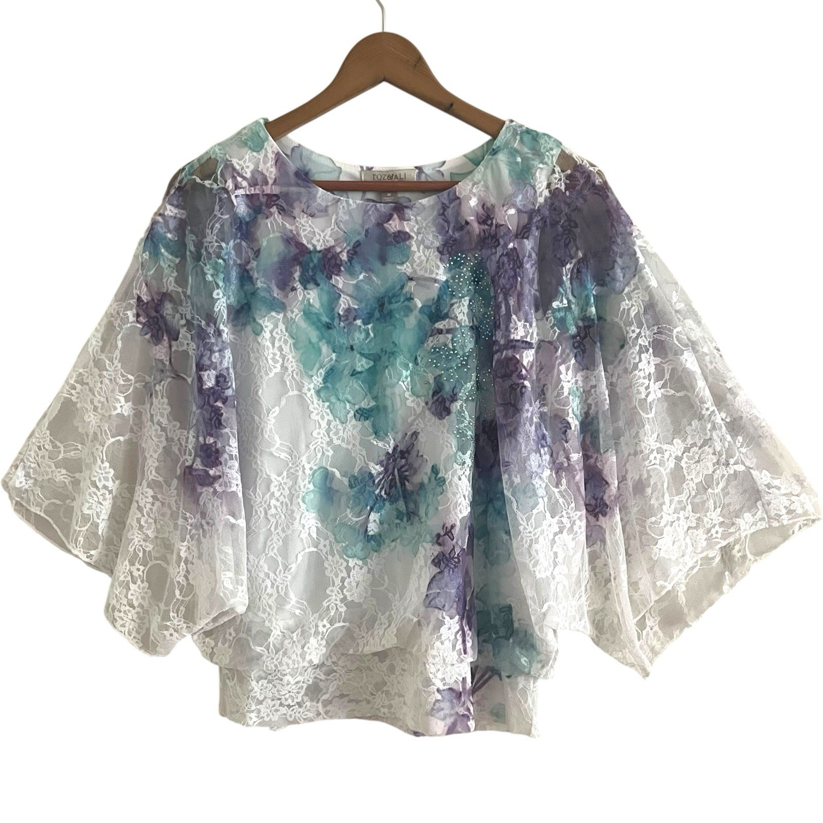 Roz & Ali Purple White Lace Batwing Top M Fairy Boho Indie Festival