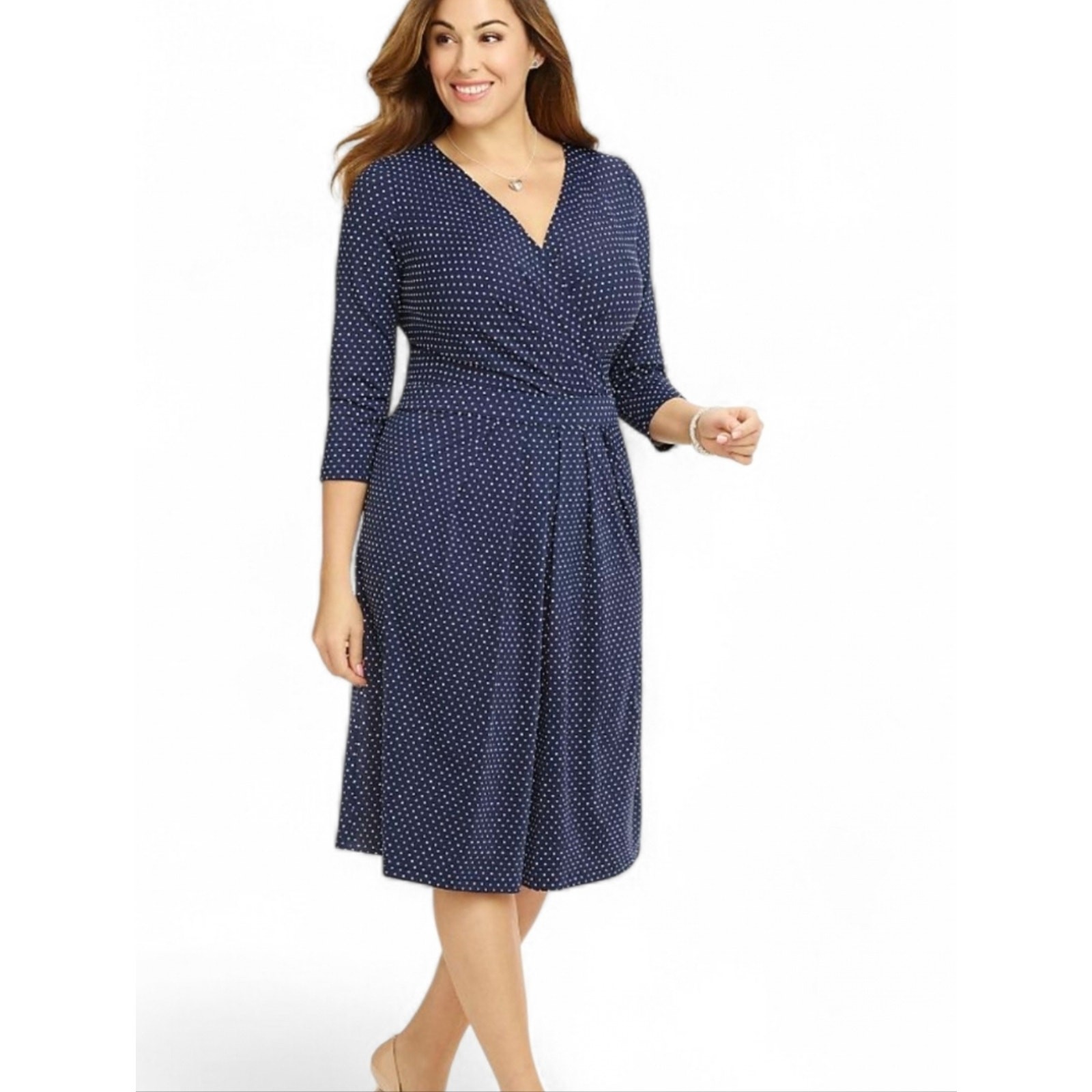 Talbots Size 14 Navy Polka Dot Mock Wrap Midi Dress