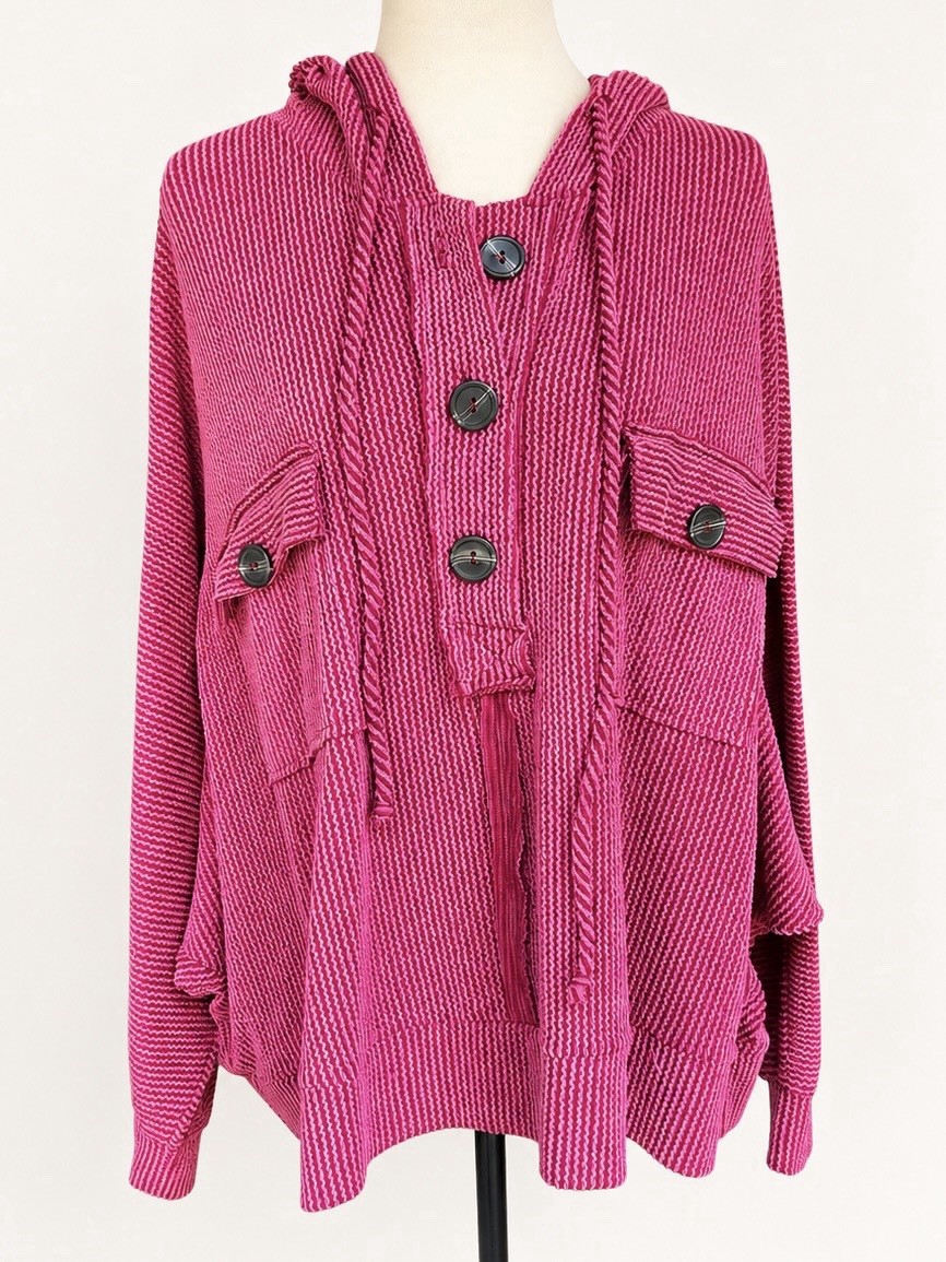 Bucket List Oversized Hooded Textured Knit Pullover Red Medium Made USA