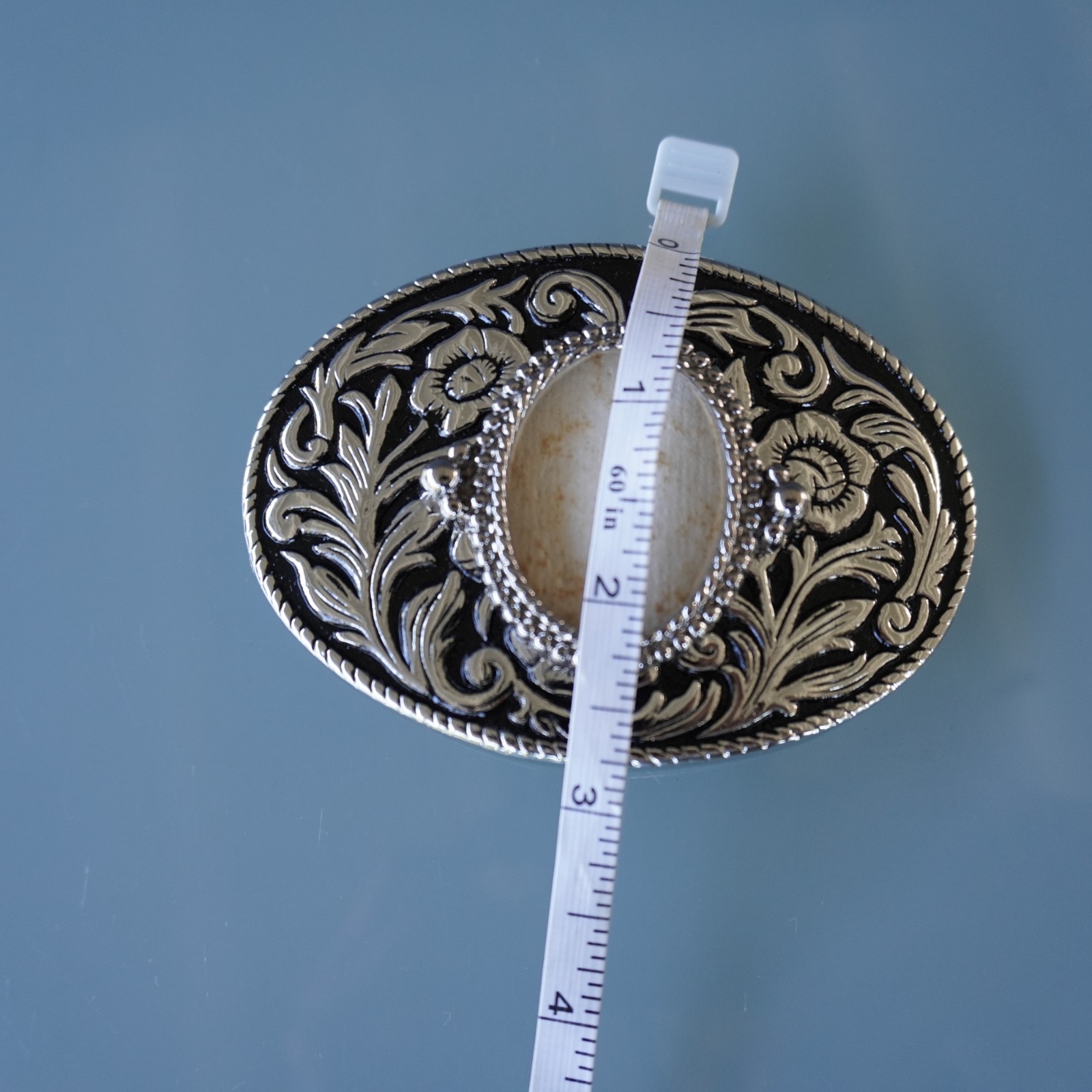 Vintage Western Belt Buckle Blank 30x40mm Cabochon Frame Floral Silver Made in U