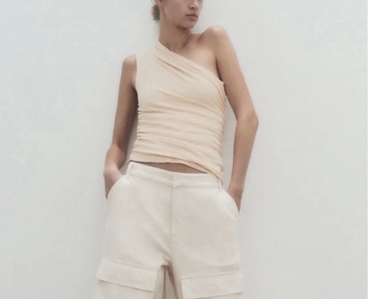 Zara One Shoulder Ruched Top XXL Beige Nude Draped Asymmetrical Stretch Blouse
