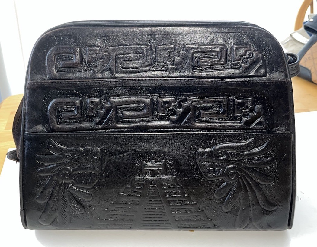 Vintage 1970s hand tooled Mexican Black leather Mayan Warrior shoulder bag purse