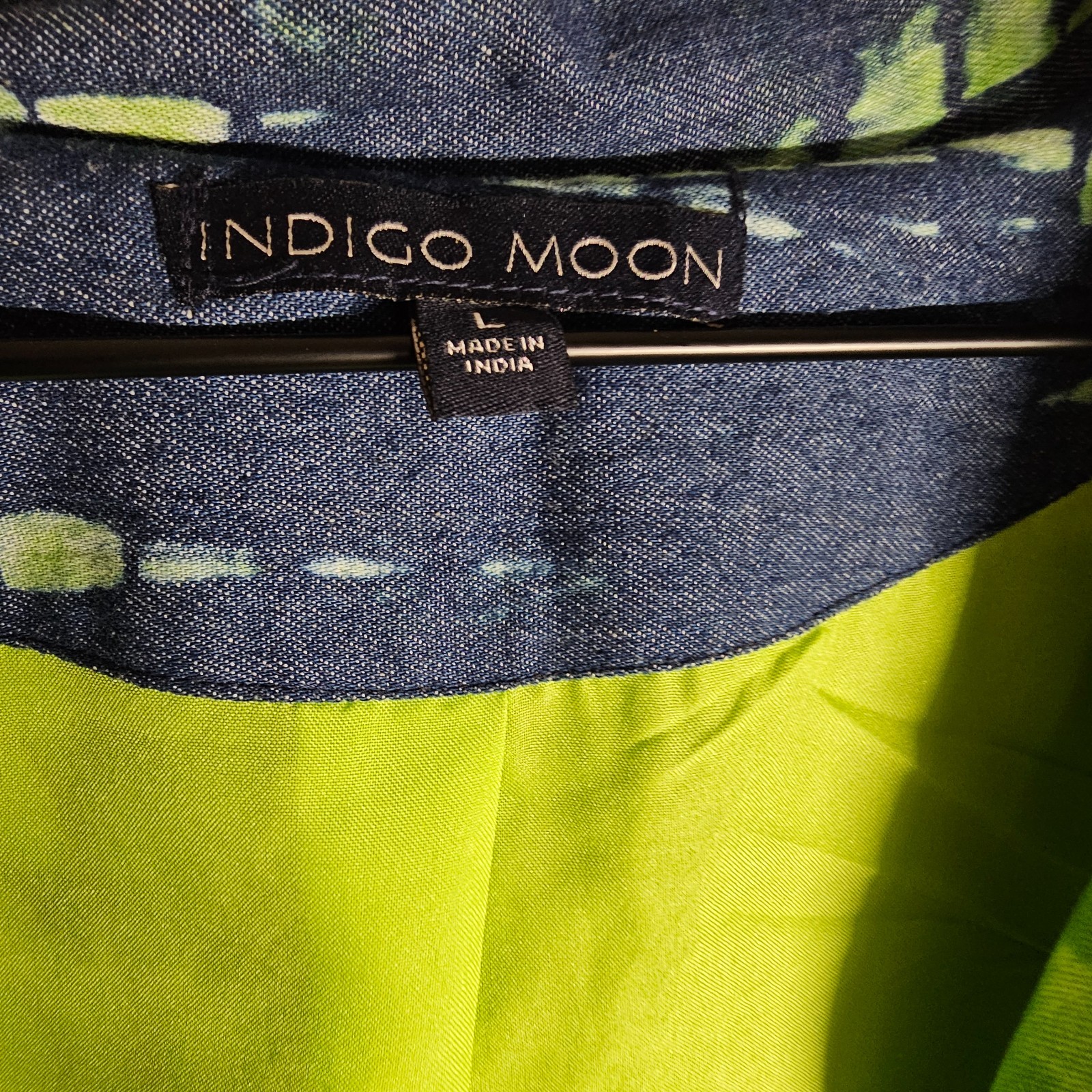 Indigo Moon Large Jacket Green Tie Dye Blue Denim Embroidered Beaded Boho Artsy