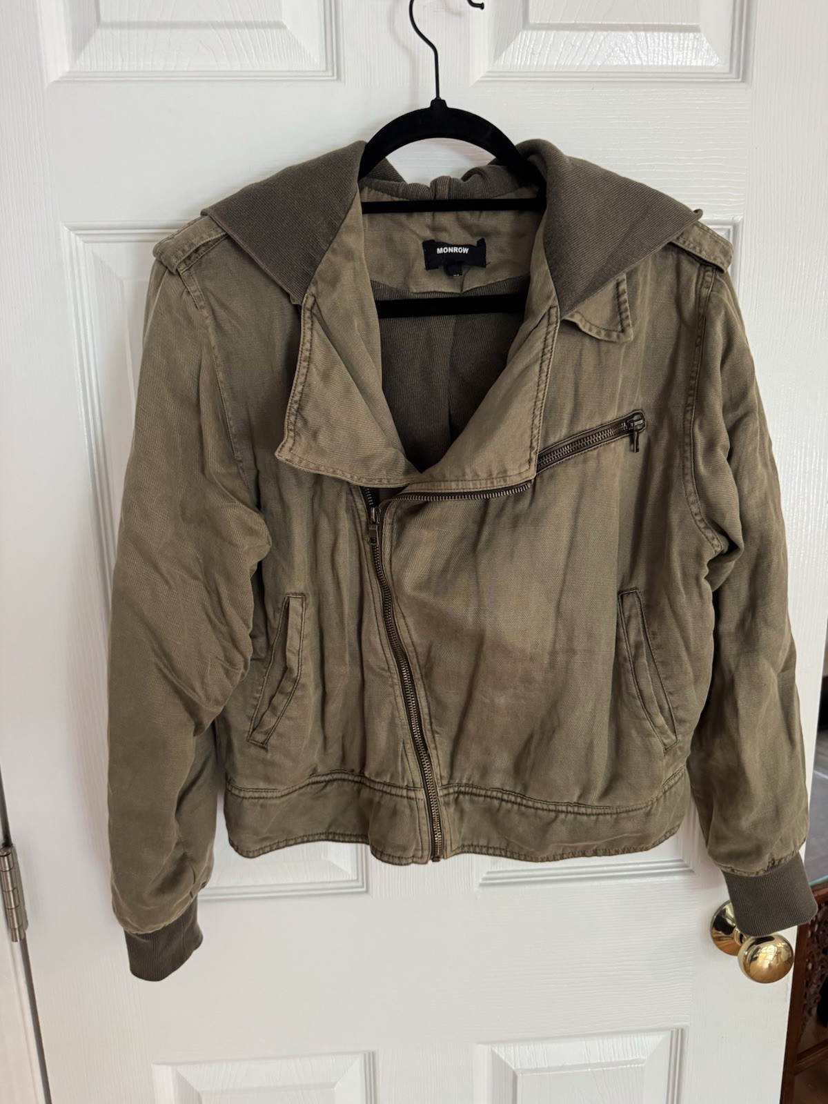 Monroe Olive Hooded Motojacket Lined Ribbed Cuff Women’s Size S