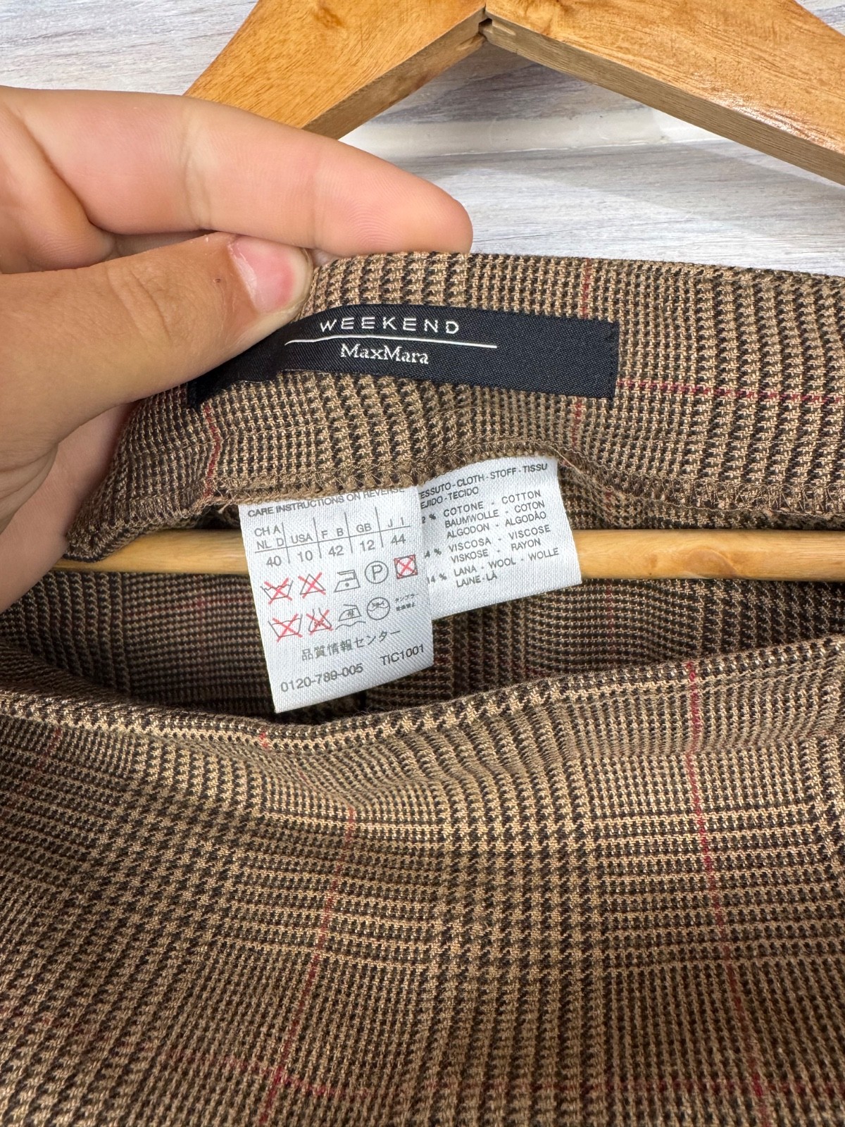 Weekend MaxMara Wool Blend Glen Plaid Pencil Midi Skirt Brown Checked EU 40 L 10