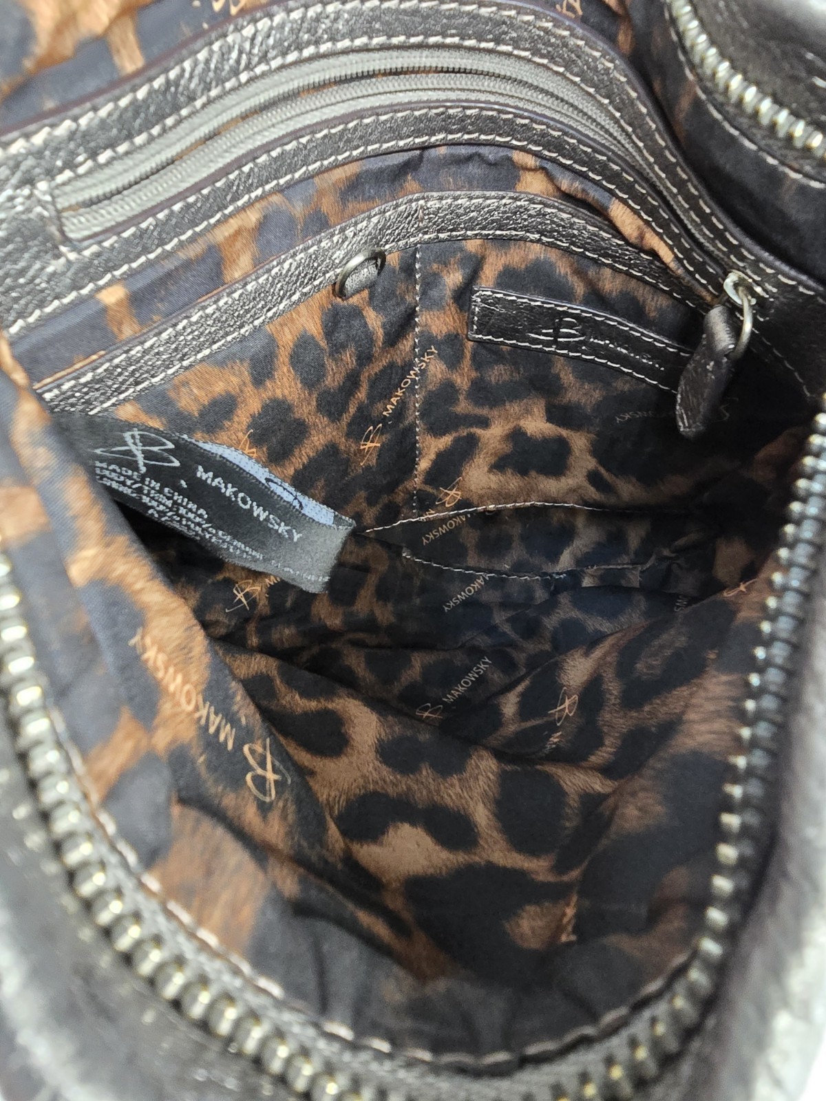 B. Makowsky Silver Pebbled Shoulder/Crossbody Bag Detachable Strap Charm Hobo