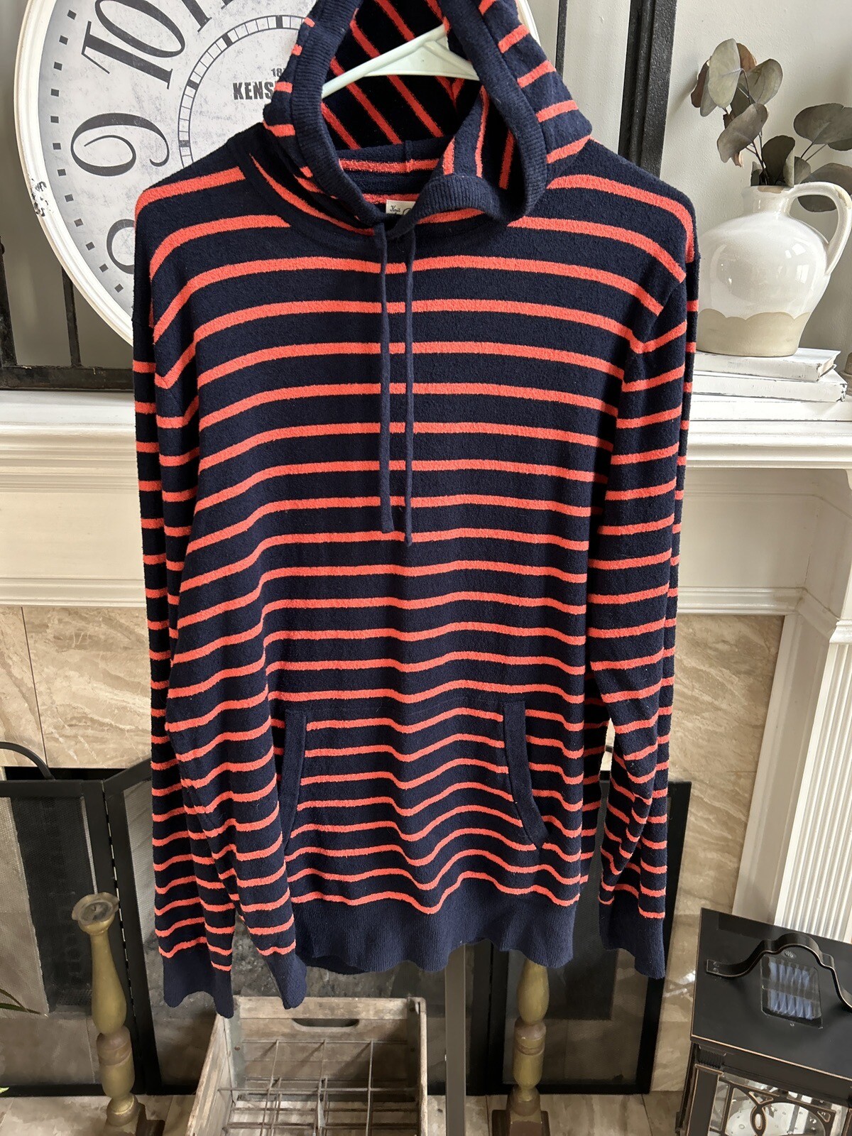 J. CREW terrycloth hooded sweater sweatshirt summer 2022 orange blue stripe – L