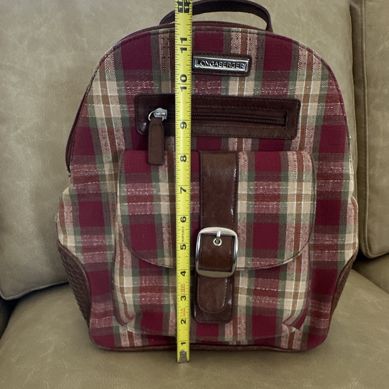 Longaberger Mini Backpack in Plaid Burgundy with Adjustable Straps