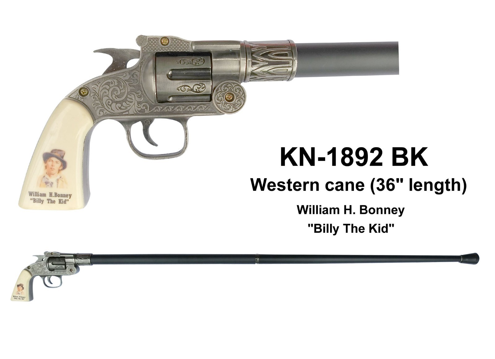 Billy the Kid Revolver Handle Walking Cane 36″ Western Decorative Gentleman Cane