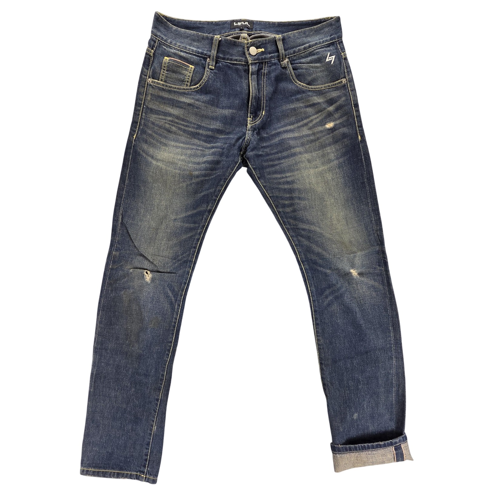Selvedge Jeans Mens Blue Slim Tapered Distressed Fits 33×32