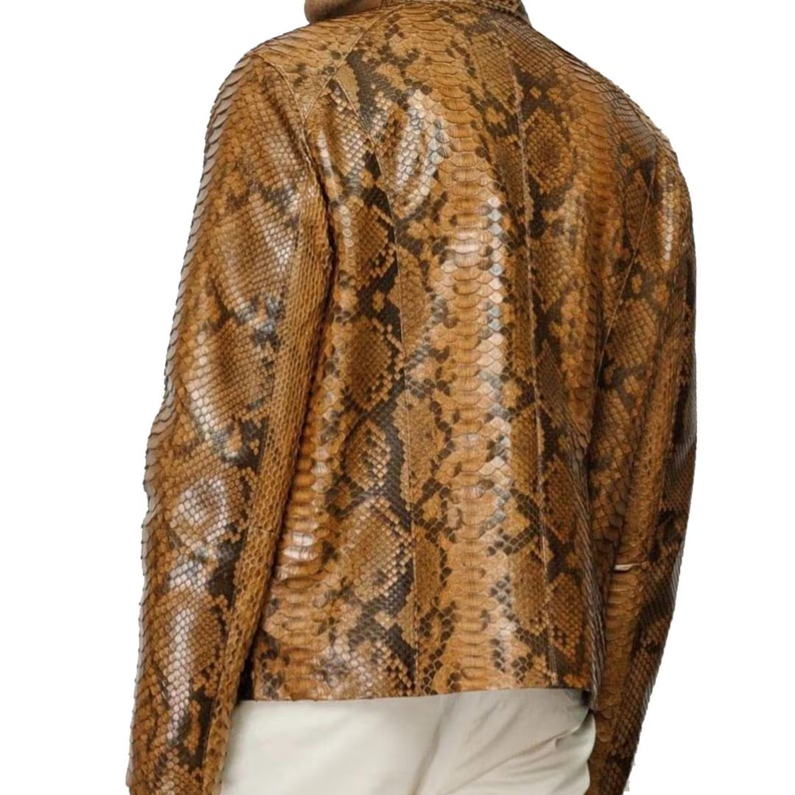 Men’s Snake Print Cow Leather Jacket – Slim Fit Brown Exotic Design Biker Coat