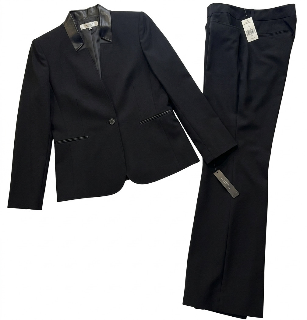 NEW Women TAHARI Arthur Levine Black PANT SUIT Leather Trim Sz 12 MSRP$280