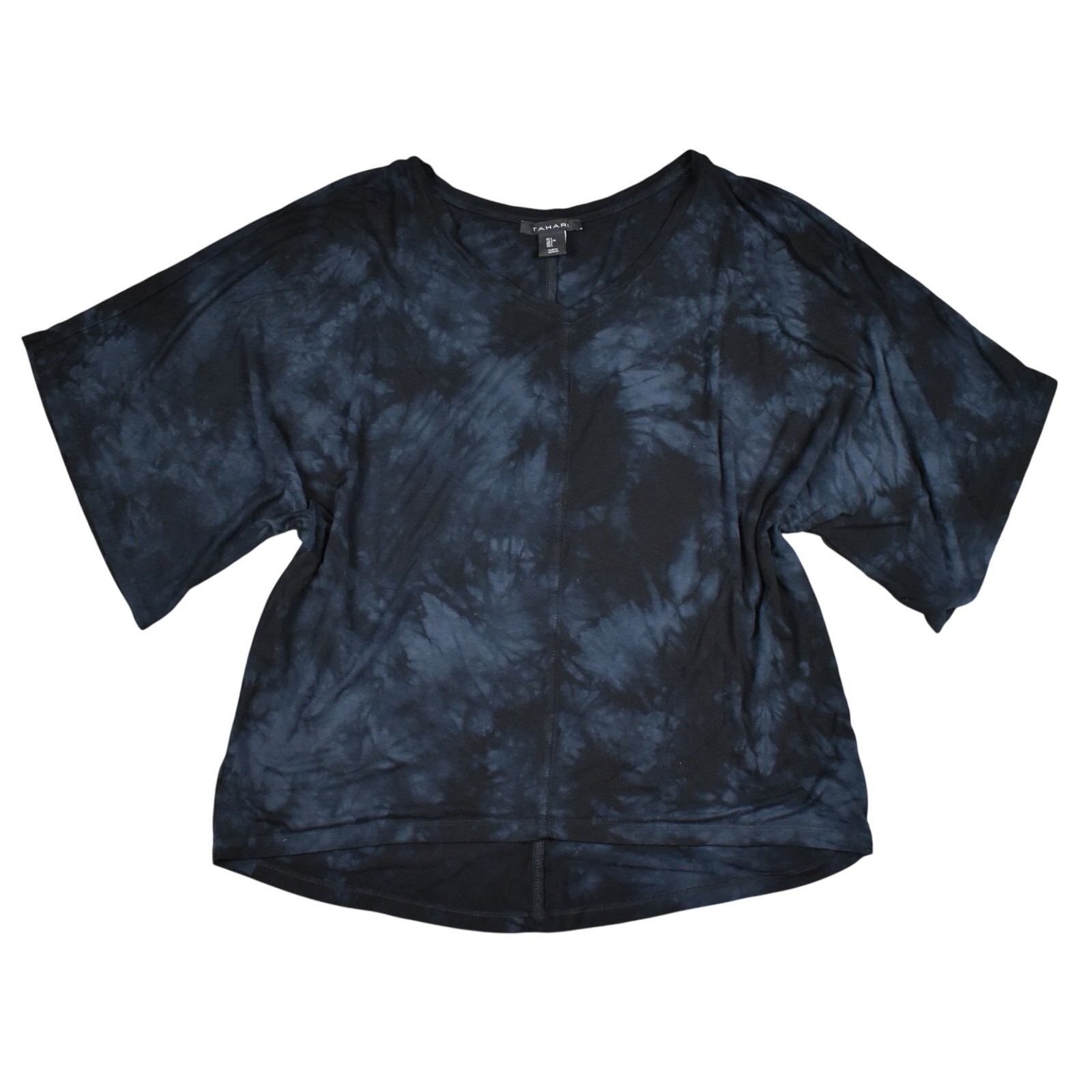 Tahari Top Women’s Large Black Gray Tie Dye Dolman Batwing Sleeve Knit Blouse L