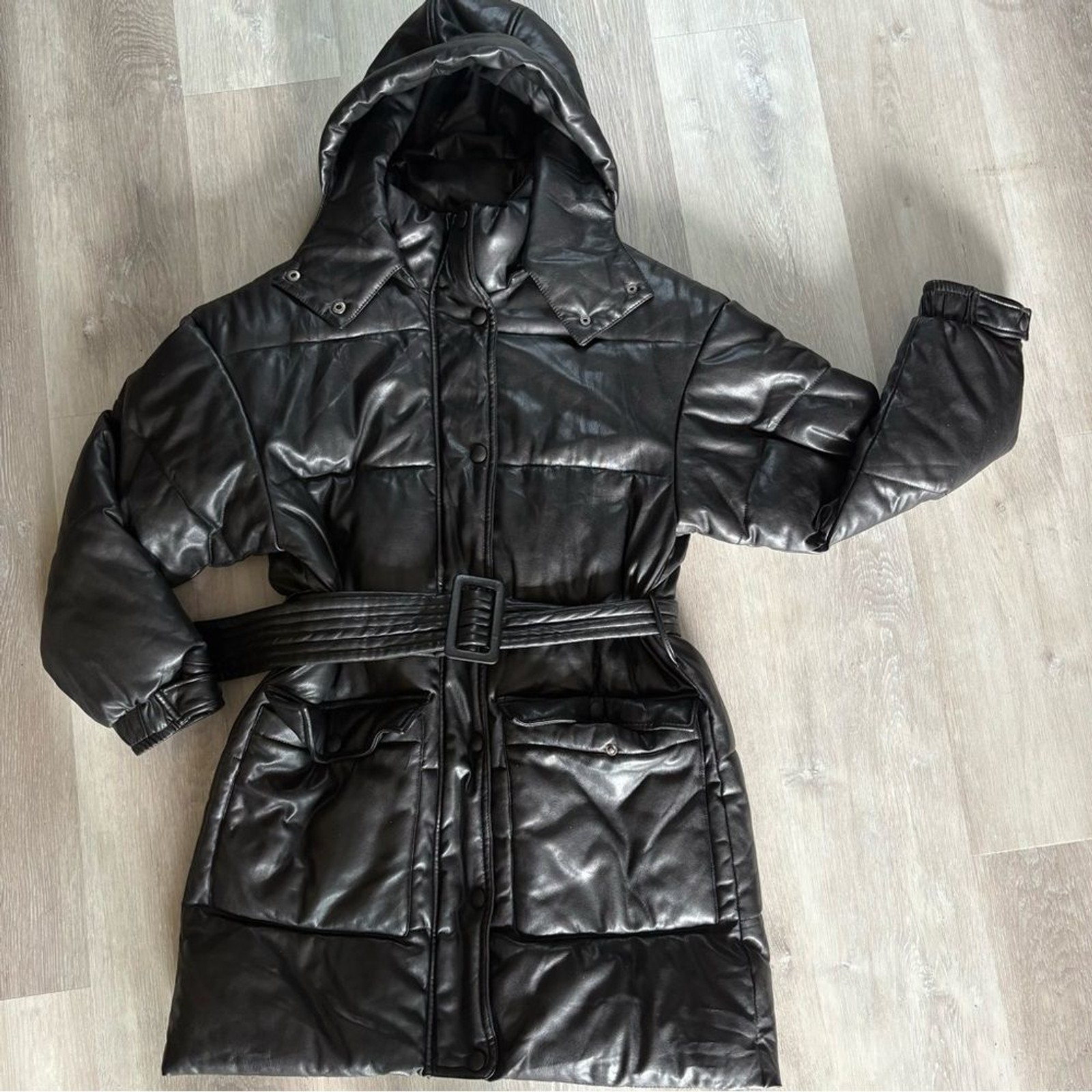 Warm Puffy Belted Black Coat Removable Hood Snap and Zipper Closures Size S