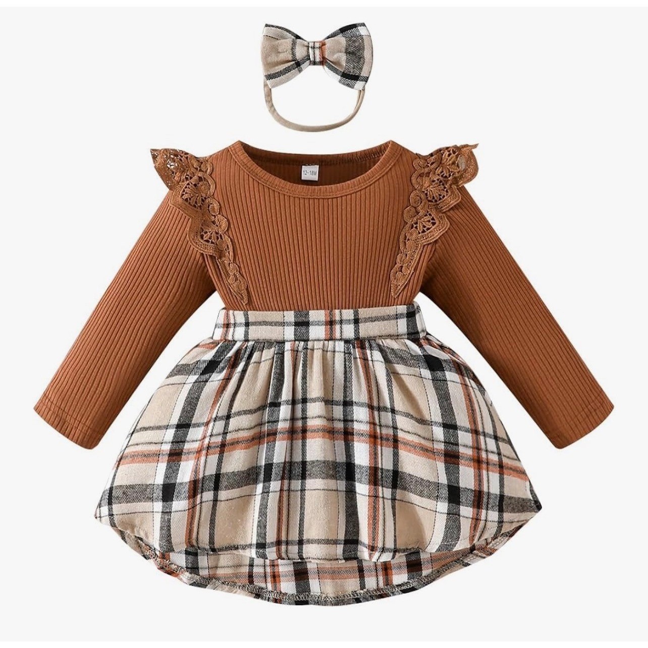 Baby Girls Rust Brown Ribbed Top and Plaid Skirt Set 3-Piece Outfit 6-9 Months