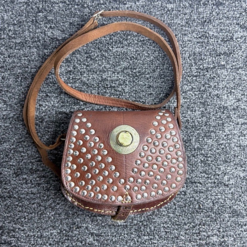 Vintage Leather Saddle Crossbody Bag Studded Concho Boho Western Small Purse