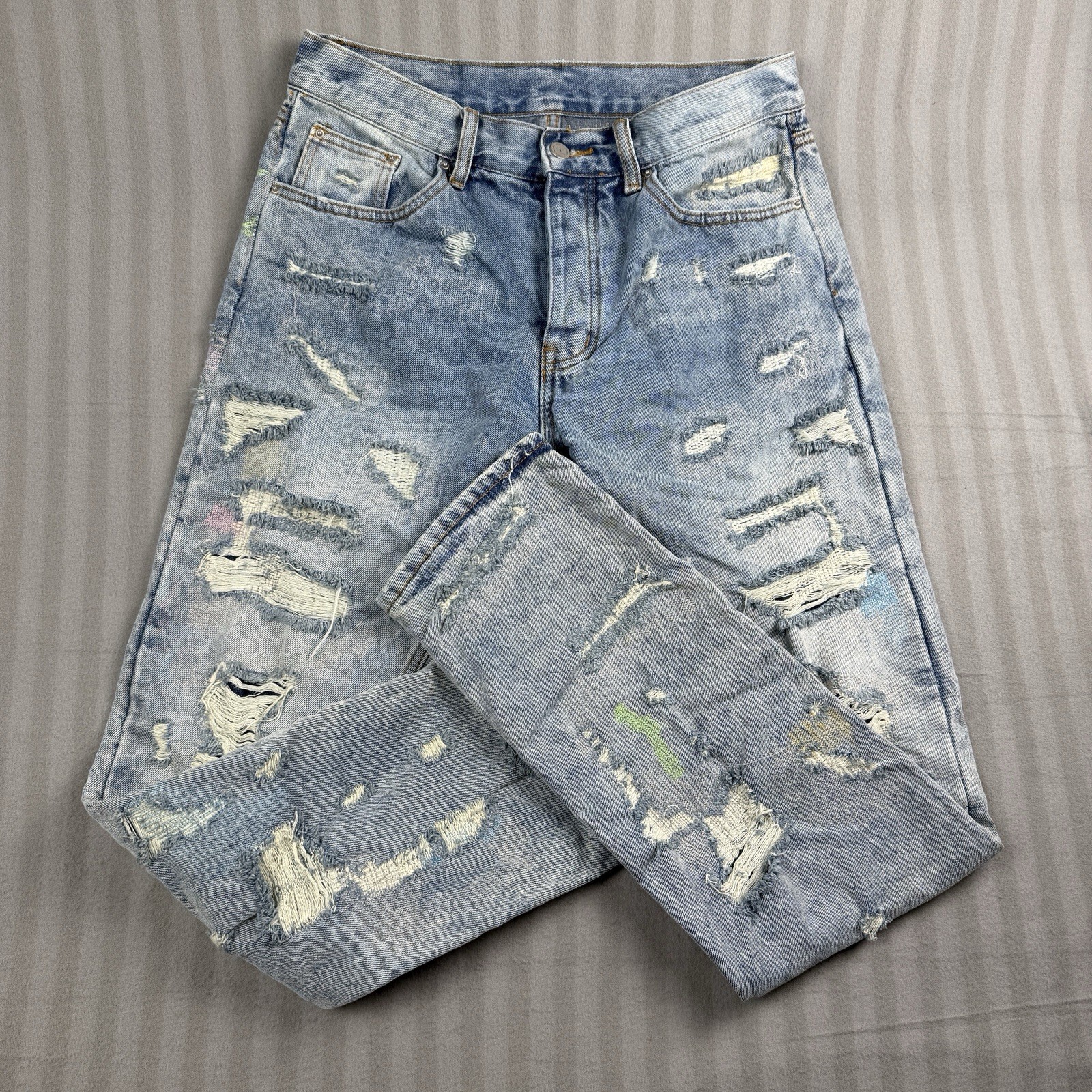 mnml Straight Jeans Men’s Size 32×33 Light Blue Distressed Patchwork Button Fly