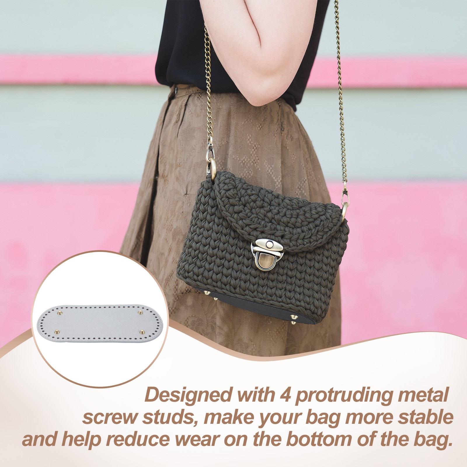 2Pcs Oval PU Leather Bag Bottom Shaper with Holes & Nails 9.8×4.7 Inch Silver