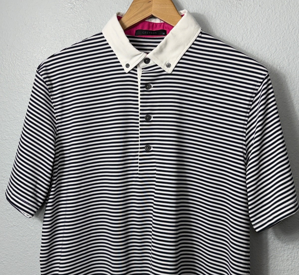 Greyson Mens Medium Striped Golf Polo Shirt White Black Performance No Logo