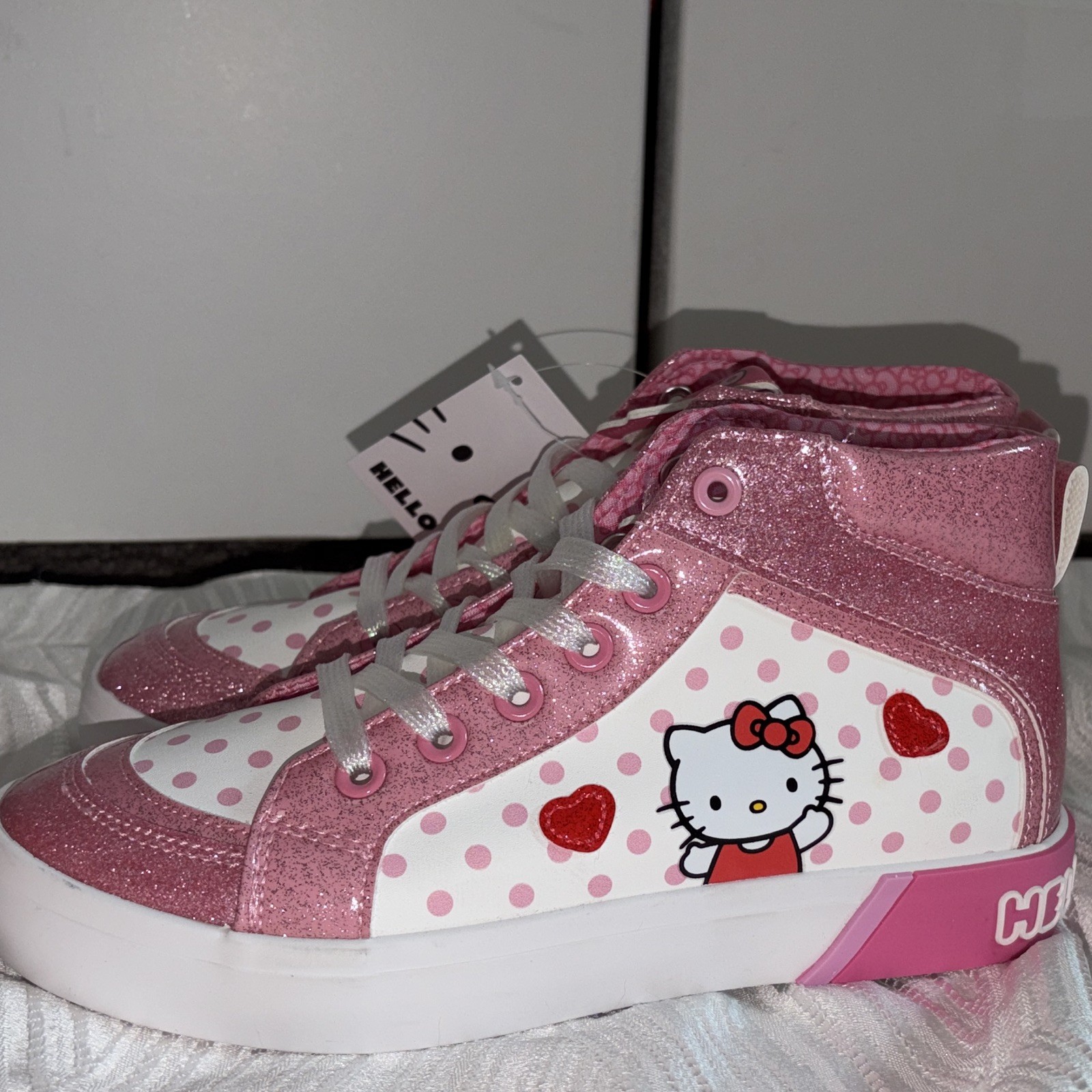 Hello Kitty Unisex Kids Size 4 Pink Glitter Polka Dot High Top Lace-Up