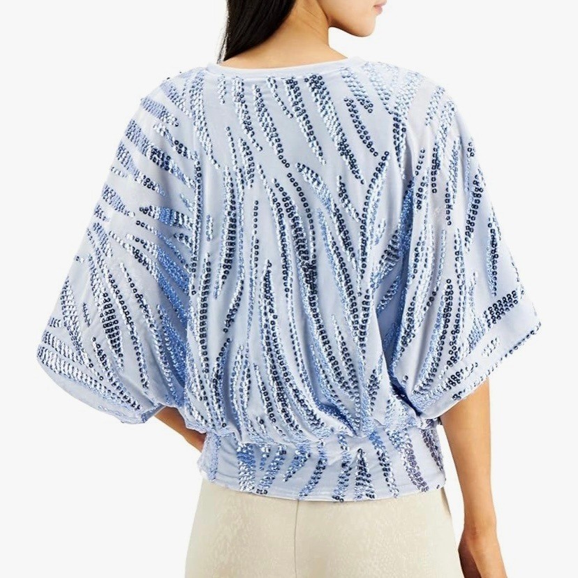 Alfani Light Blue Velvet Sequin V Neck Dolman Sleeve Top Womens Small