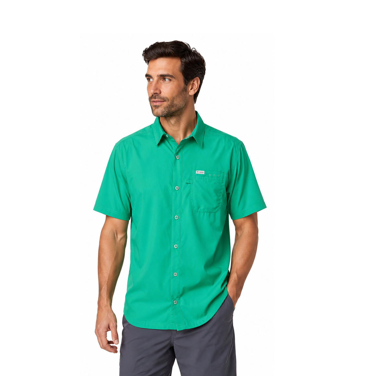 Columbia Men’s Glaze Green Shirt Slack Tide PFG Camp Shirt UPF 50 S/S (343)