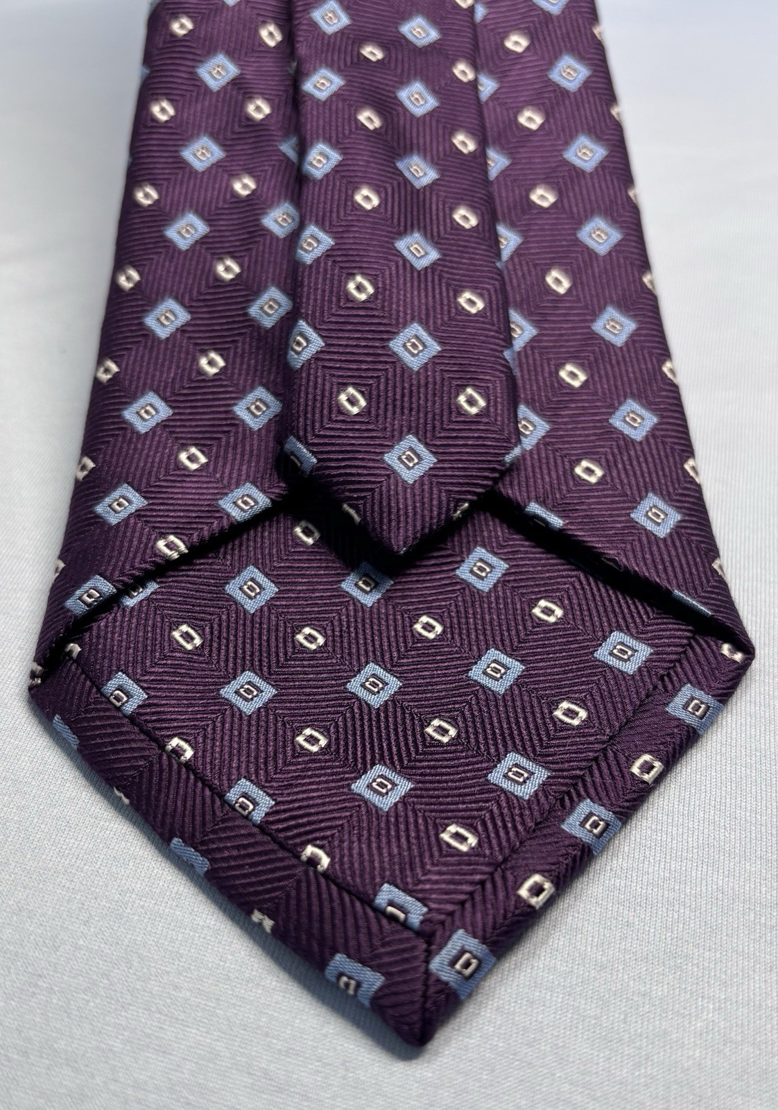 Tasso Elba Hand Made Silk Tie Purple Plum Geometric Blue Diamond Over 60 X 3.75