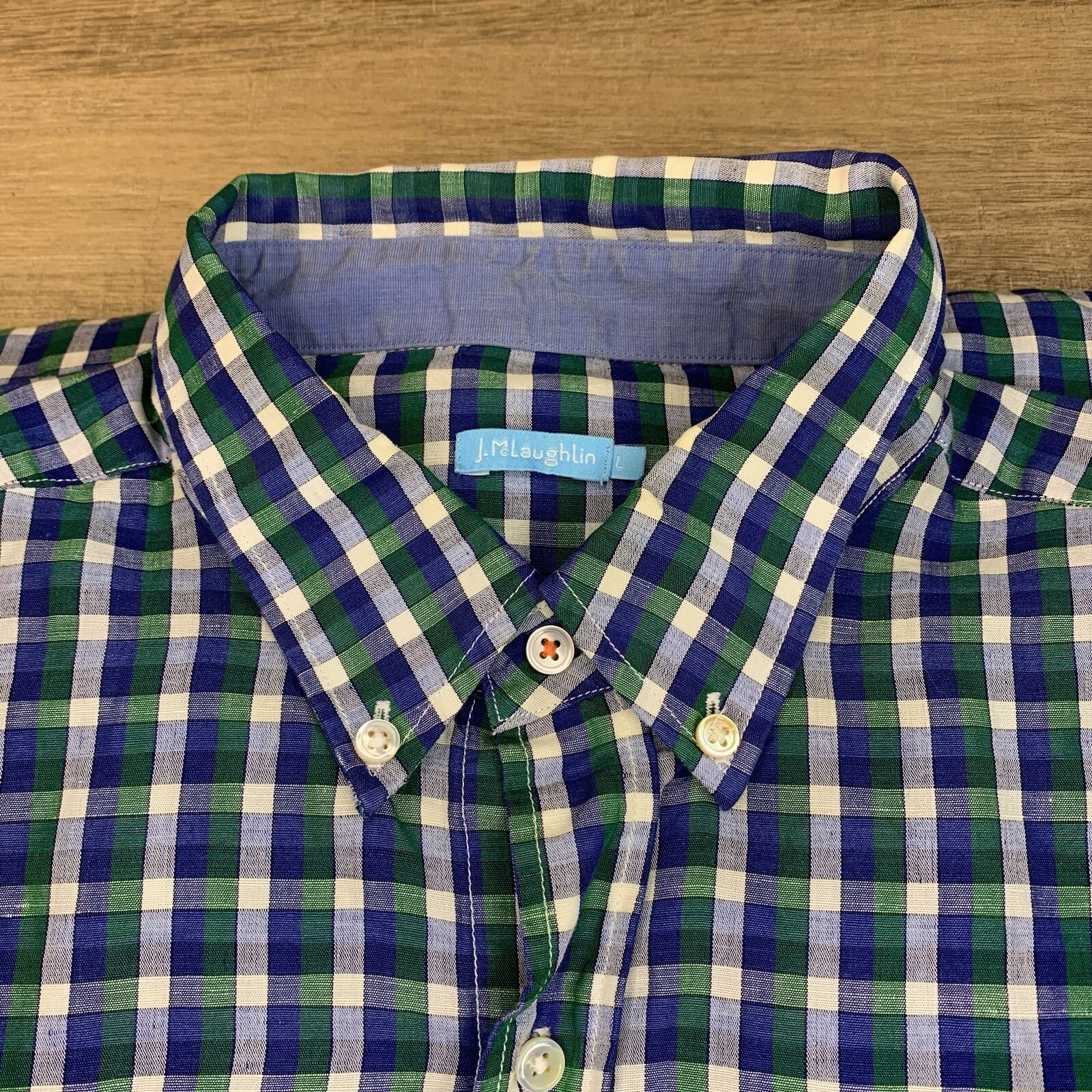 J McLaughlin Mens Long Sleeve Button Up Shirt Size Large 52% Linen Check B16