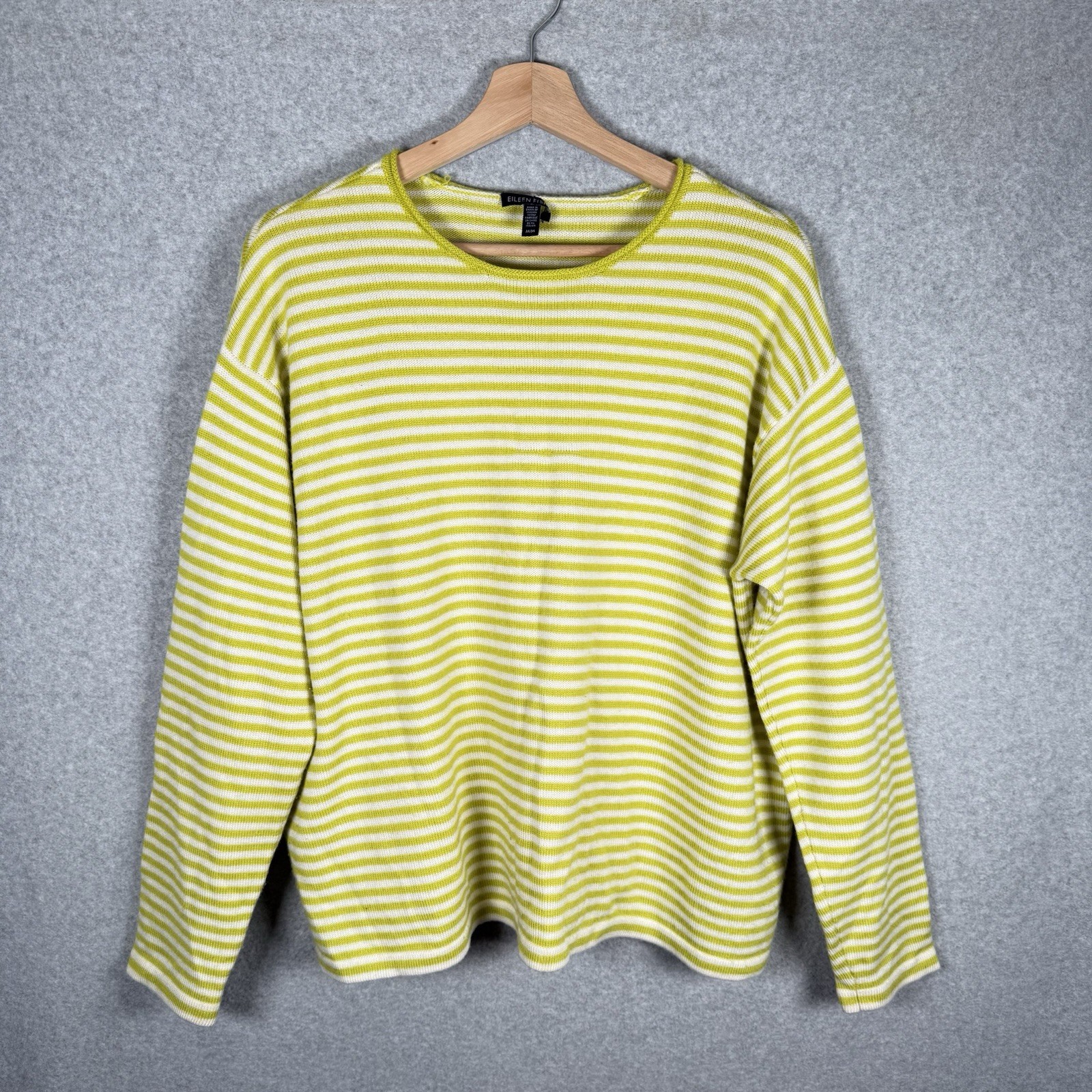 Eileen fisher sweater womens medium green white striped boxy Merino wool cropped