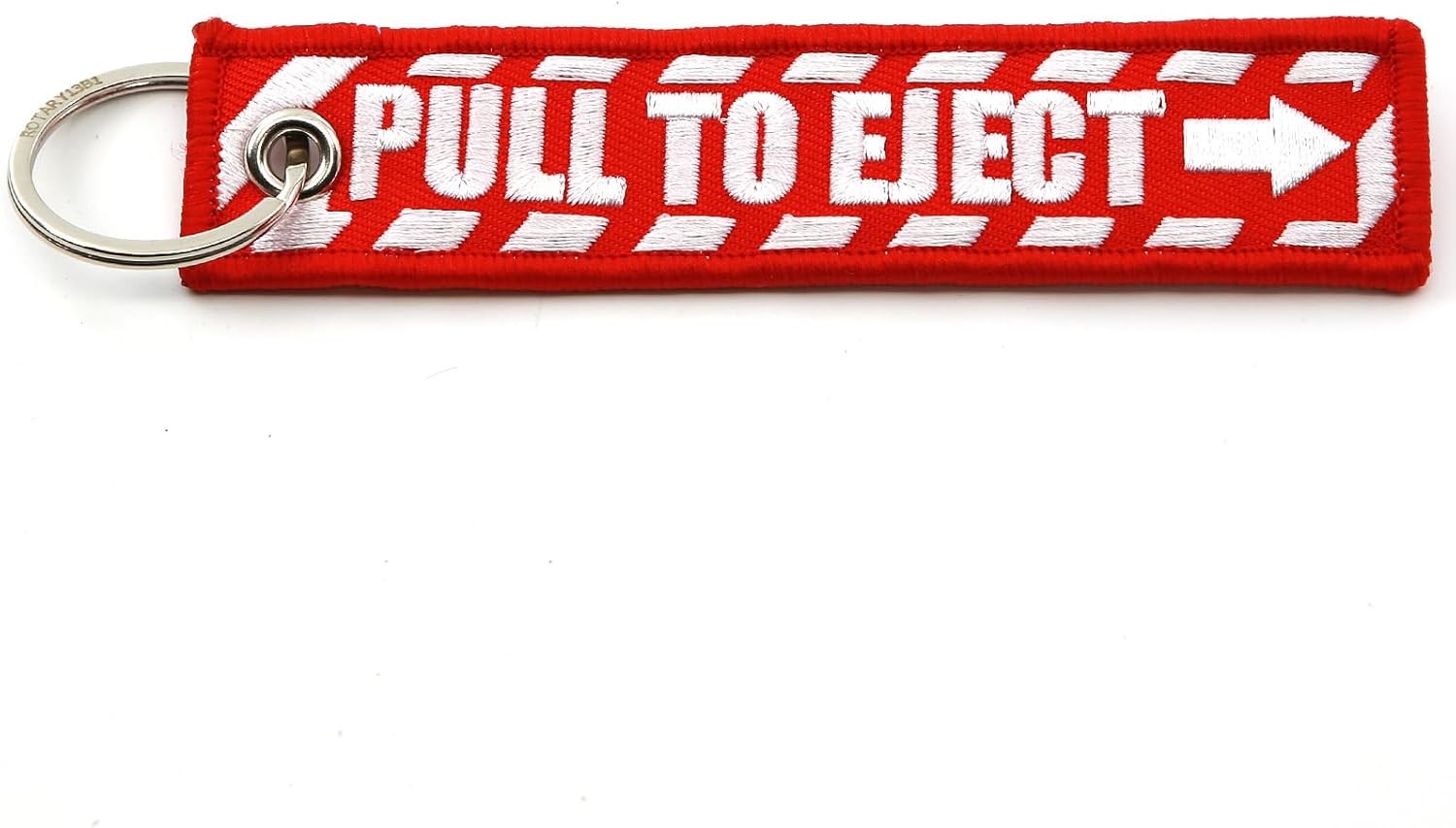 PULL TO EJECT Key Chain – Red with White embroidered letters – Quantity = 1