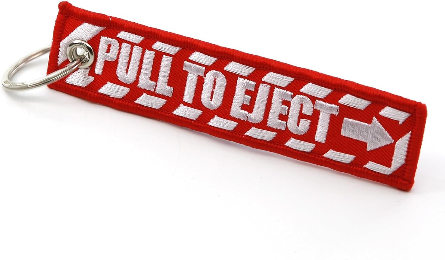 PULL TO EJECT Key Chain – Red with White embroidered letters – Quantity = 1