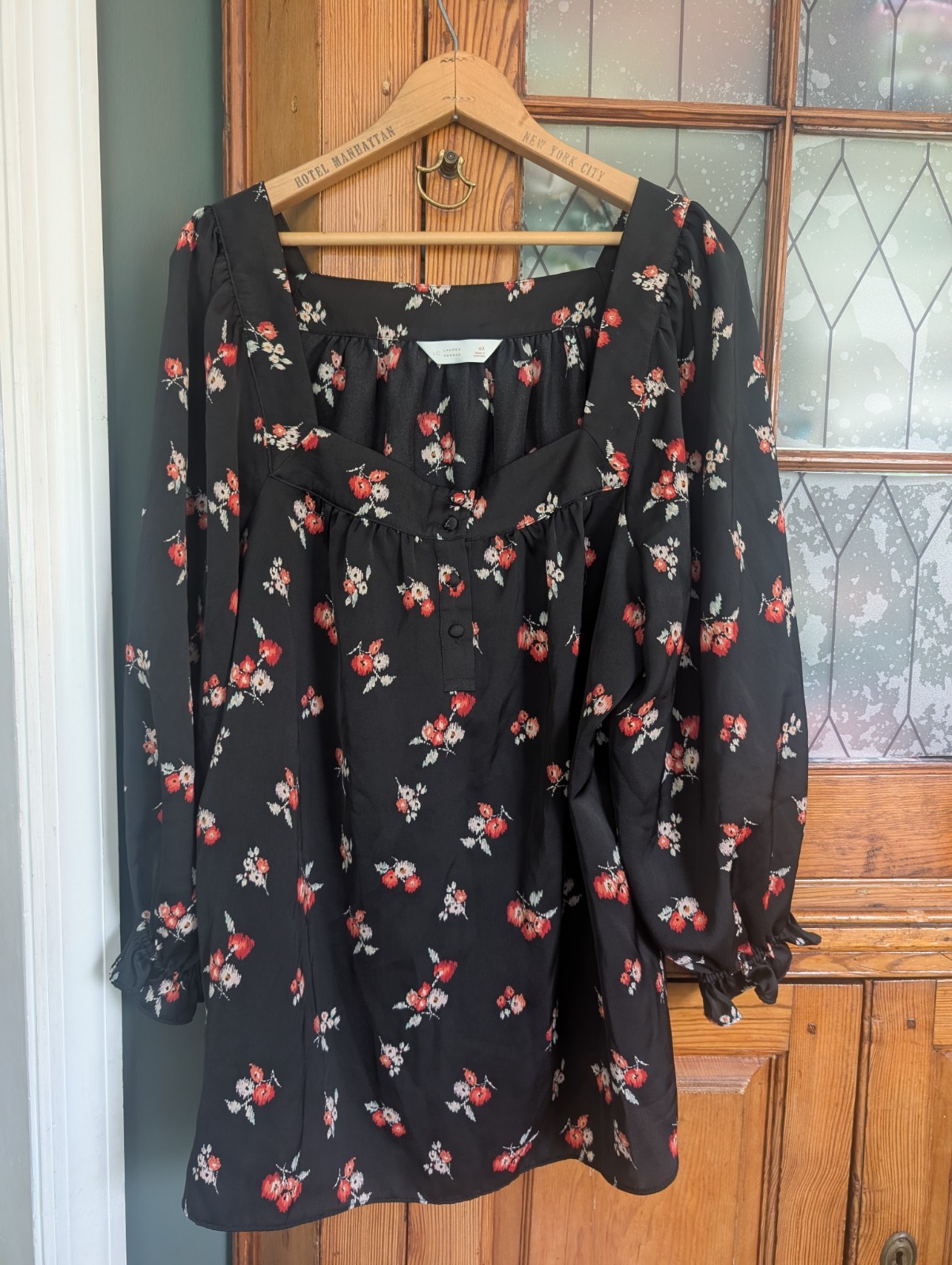 LC Lauren Conrad Flowers Boho Blouse Womens 0X Black Peasant Career Square Neck