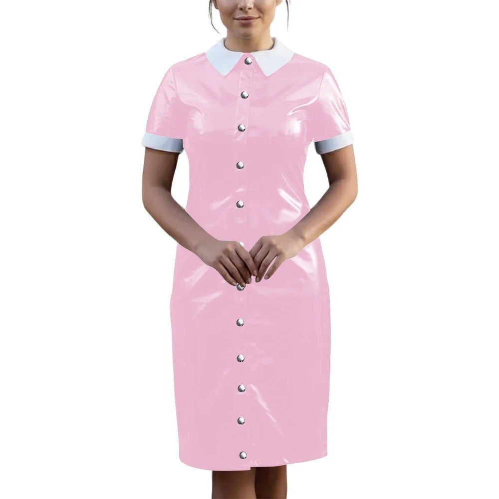 Vintage Wetlook PVC Leather Party Uniform Club Vestidos Bodycon Midi Dress