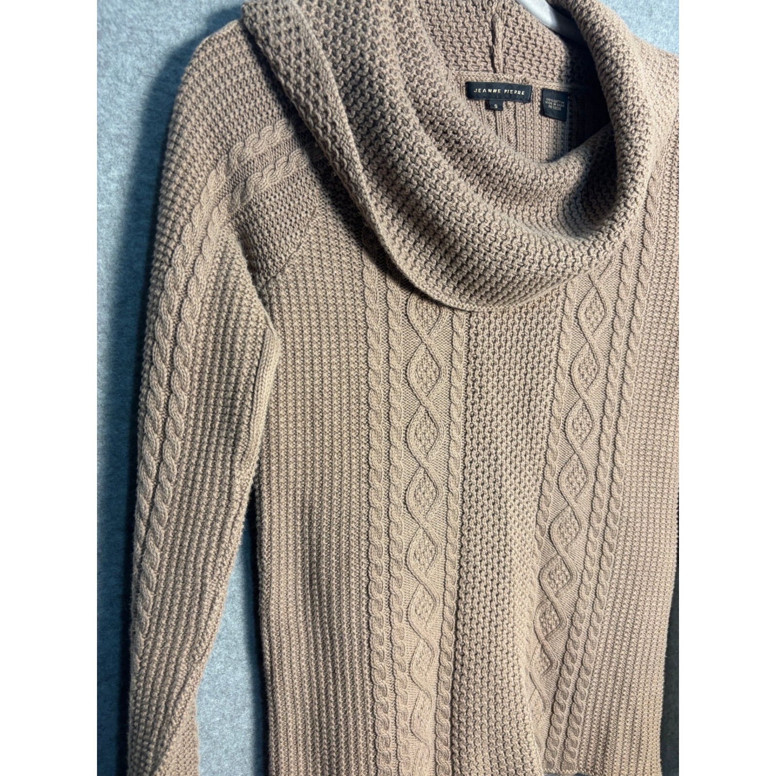 Jeanne Pierre Cable Knit Cowl Neck Sweater Tan Cotton Cozy Cottagecore