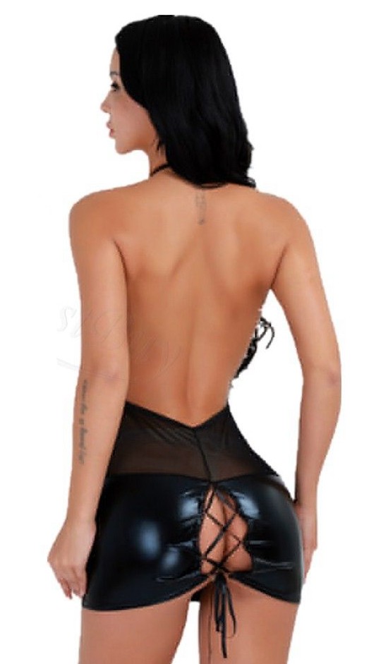 Womens Sexy Lingerie Black Mesh PVC Backless Dress Nightwear Clubwear Babydoll