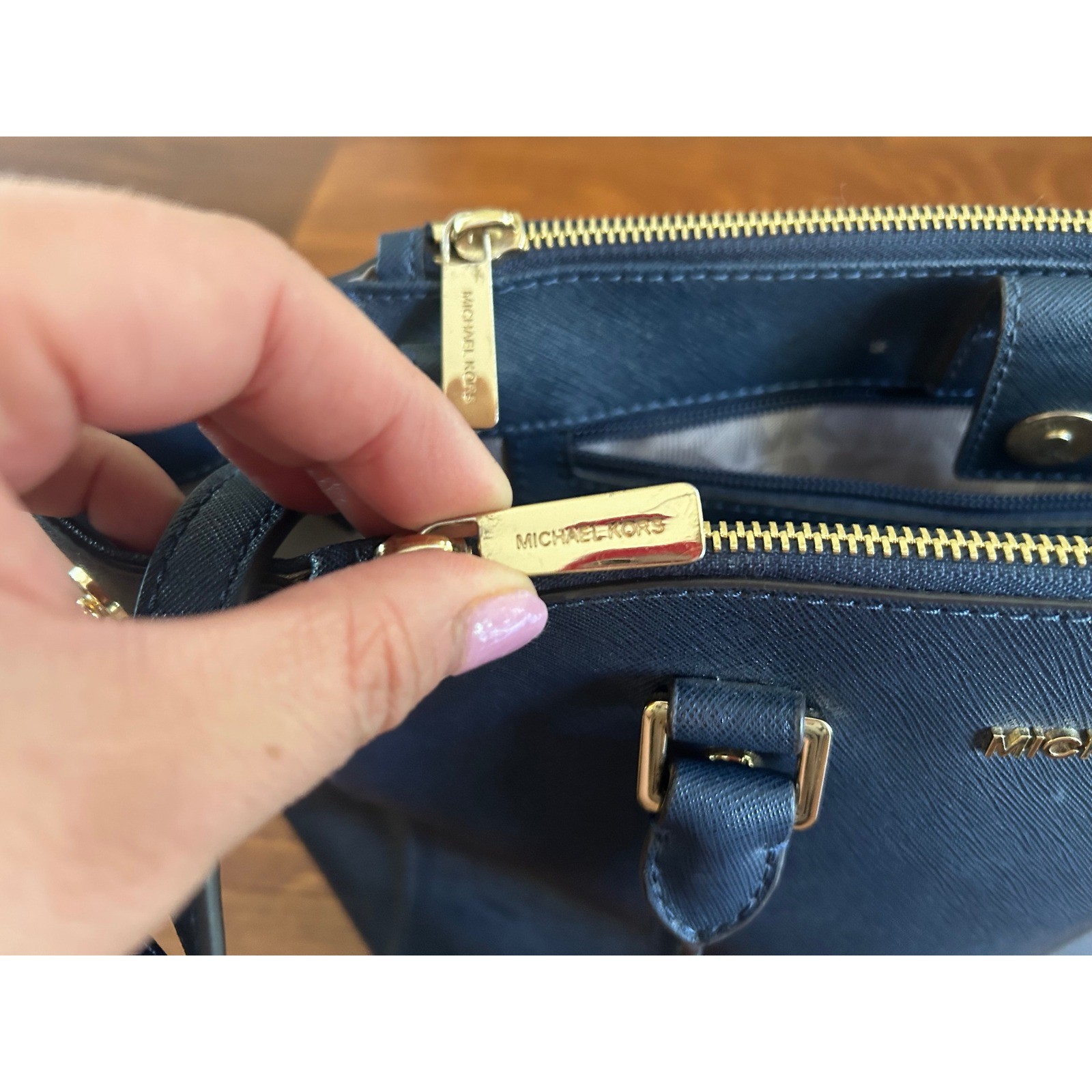 Michael Kors Savannah Navy Blue Saffiano Leather Satchel Crossbody Bag Gold Tone