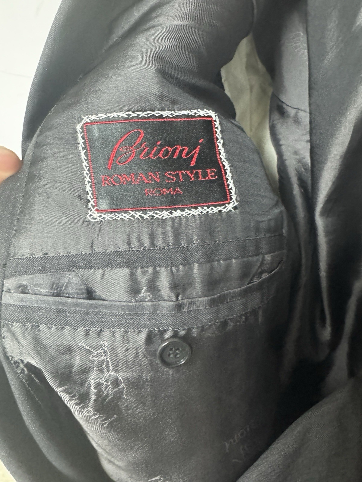 Brioni Double Breasted Suit, 41R, Black Herringbone