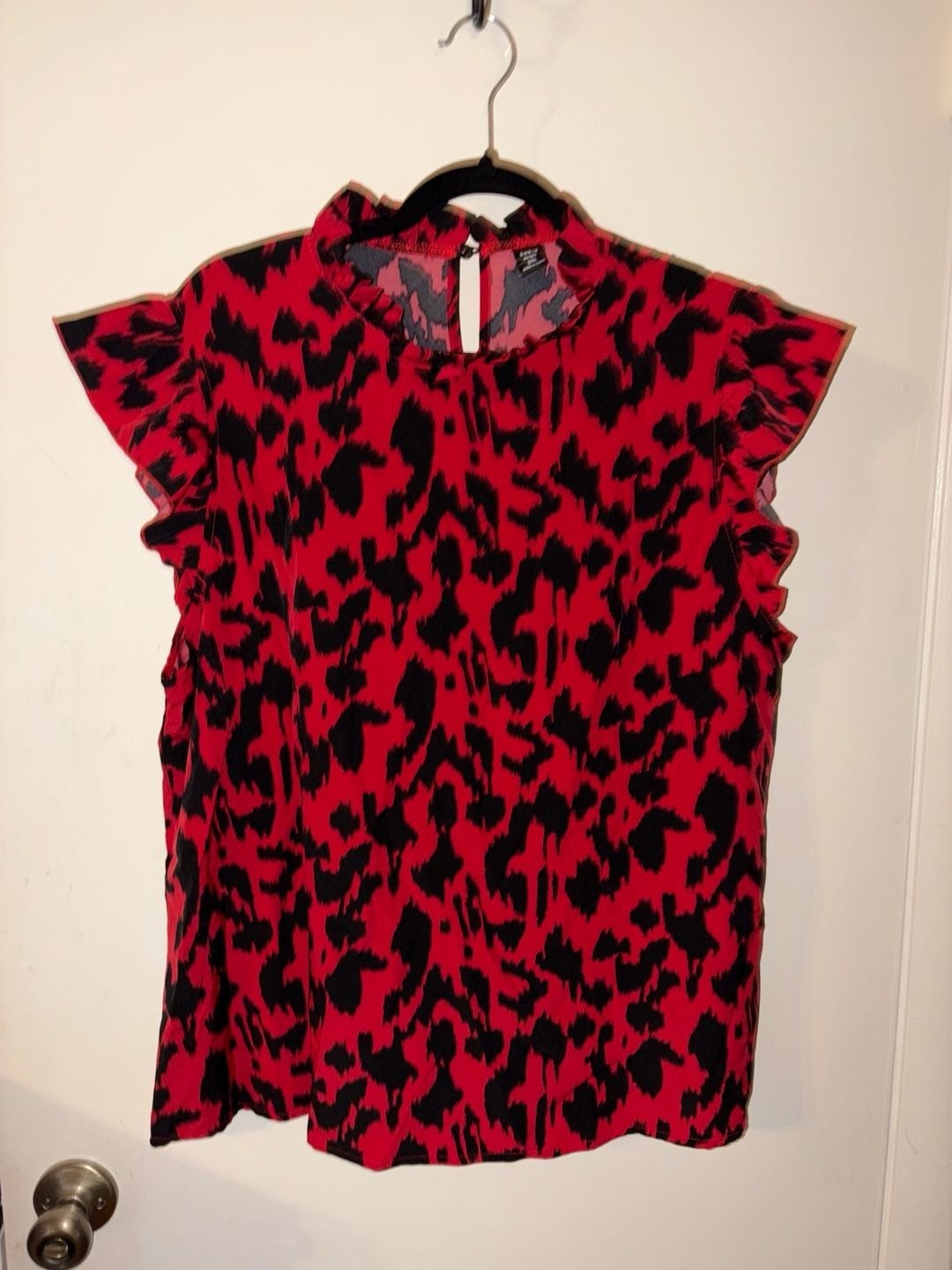 SHEIN Curve Red and Black Leopard Print Ruffle Mock Neck Blouse