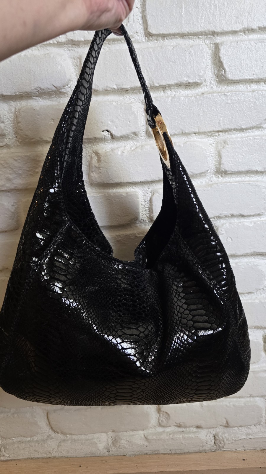 Michael Kors Black Python Snakeskin Embossed Leather Hobo Bag Gold Hardware
