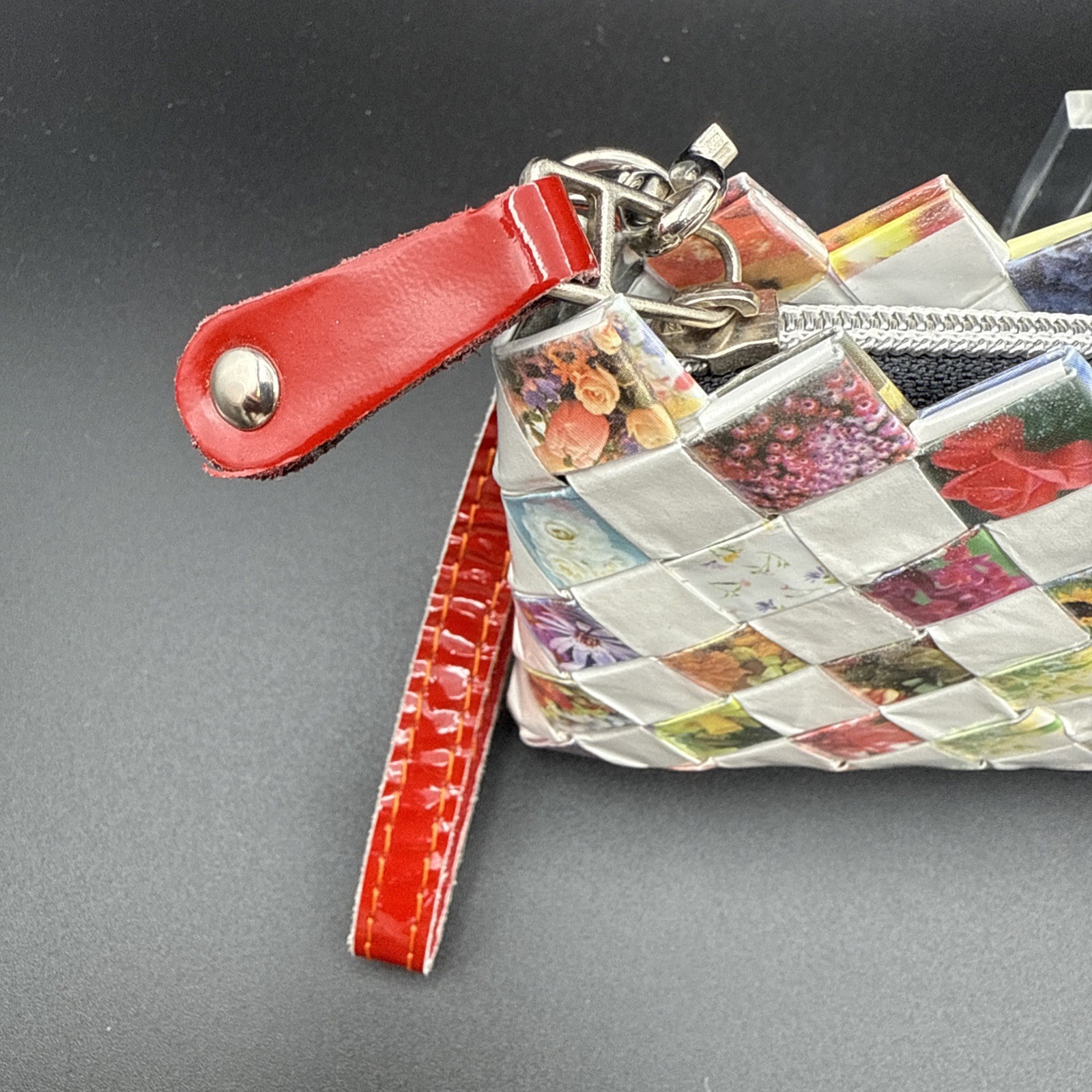 Nahui Ollin White And Floral Candy Wrapper Clutch Purse Wristlet Zip Top Woven