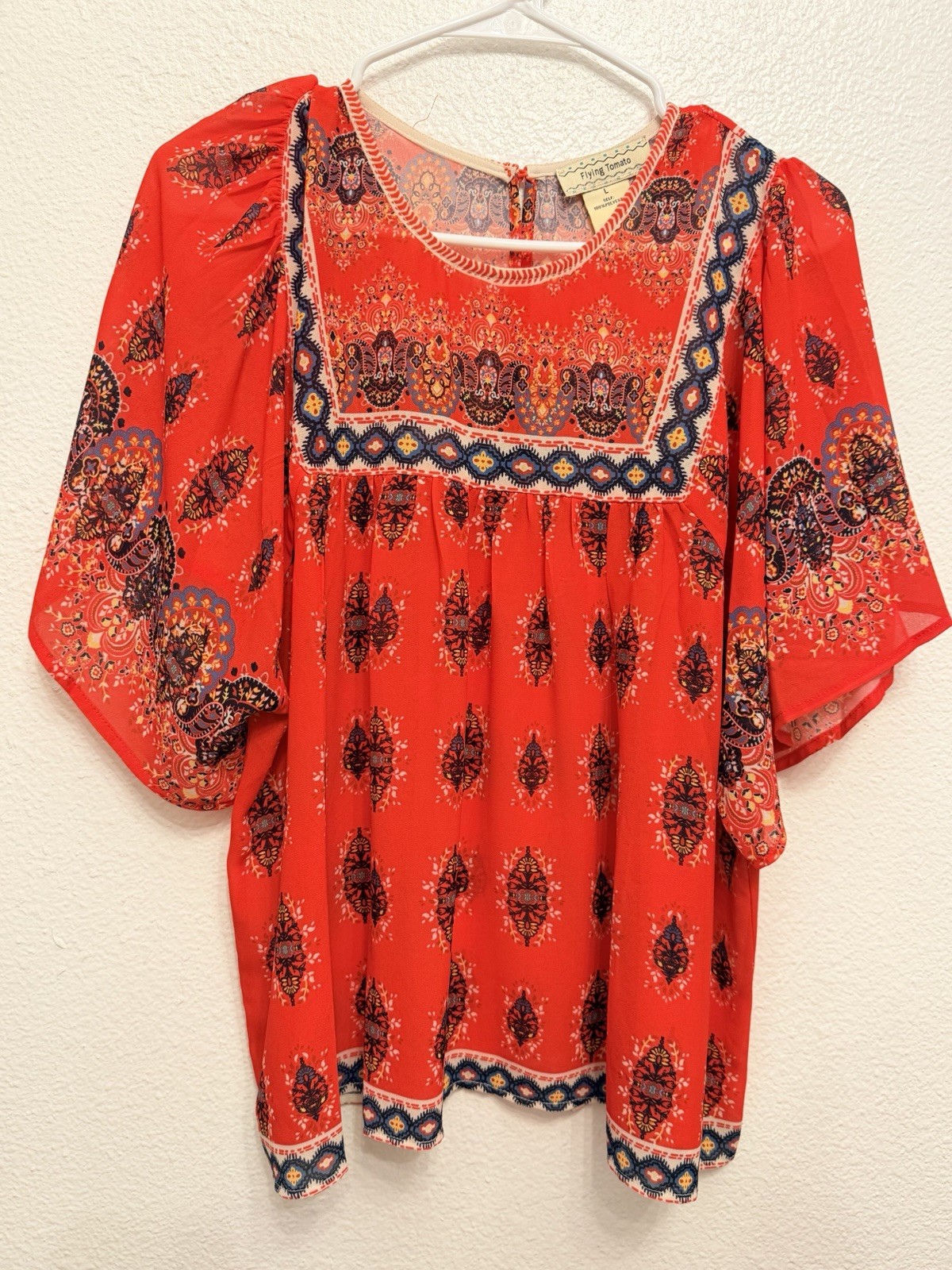 Flying Tomato Boho Blouse Size L Red Kimono Boho Babydoll Peasant Festival Top