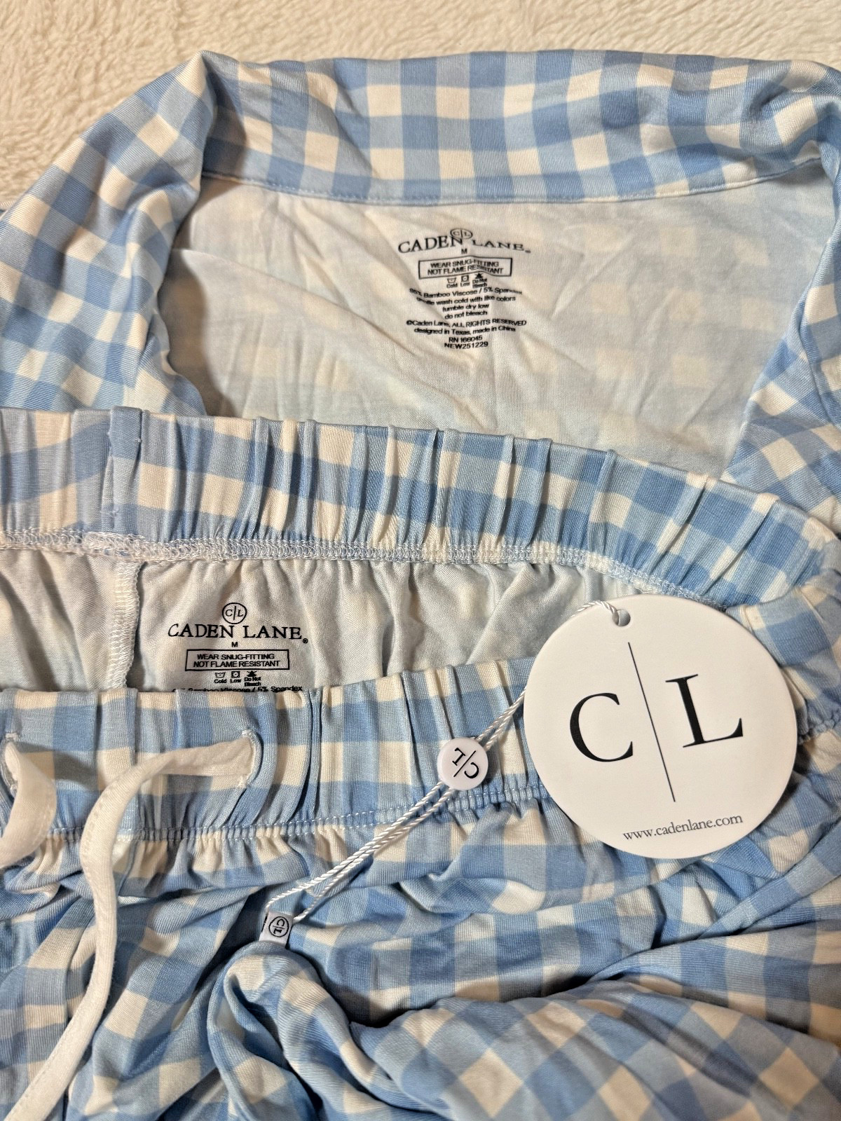 NWT Caden Lane Women’s Mama Blue Gingham Check Bamboo Pants Pajamas Set Medium