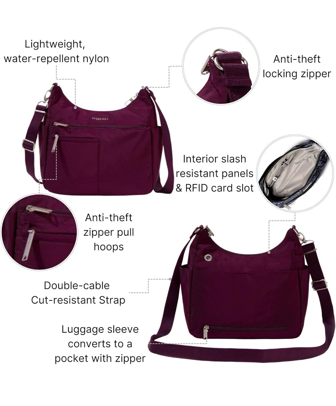 Baggallini Womens Securtex Anti-Theft Free Time Crossbody Bag, Mulberry