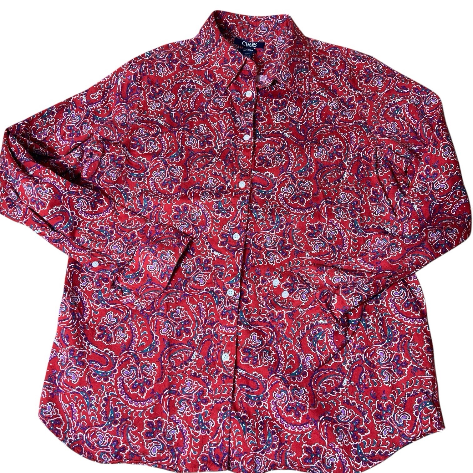 CHAPS Shirt Sz Large Red Floral Paisley No Iron 100% Cotton Long Sleeve Blouse